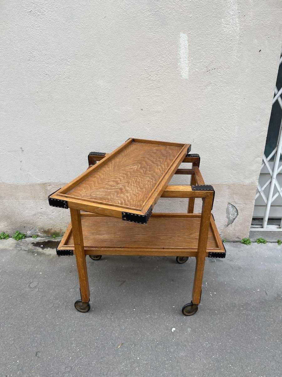 Oak And Leather Rolling Table By Jacques Adnet-photo-1