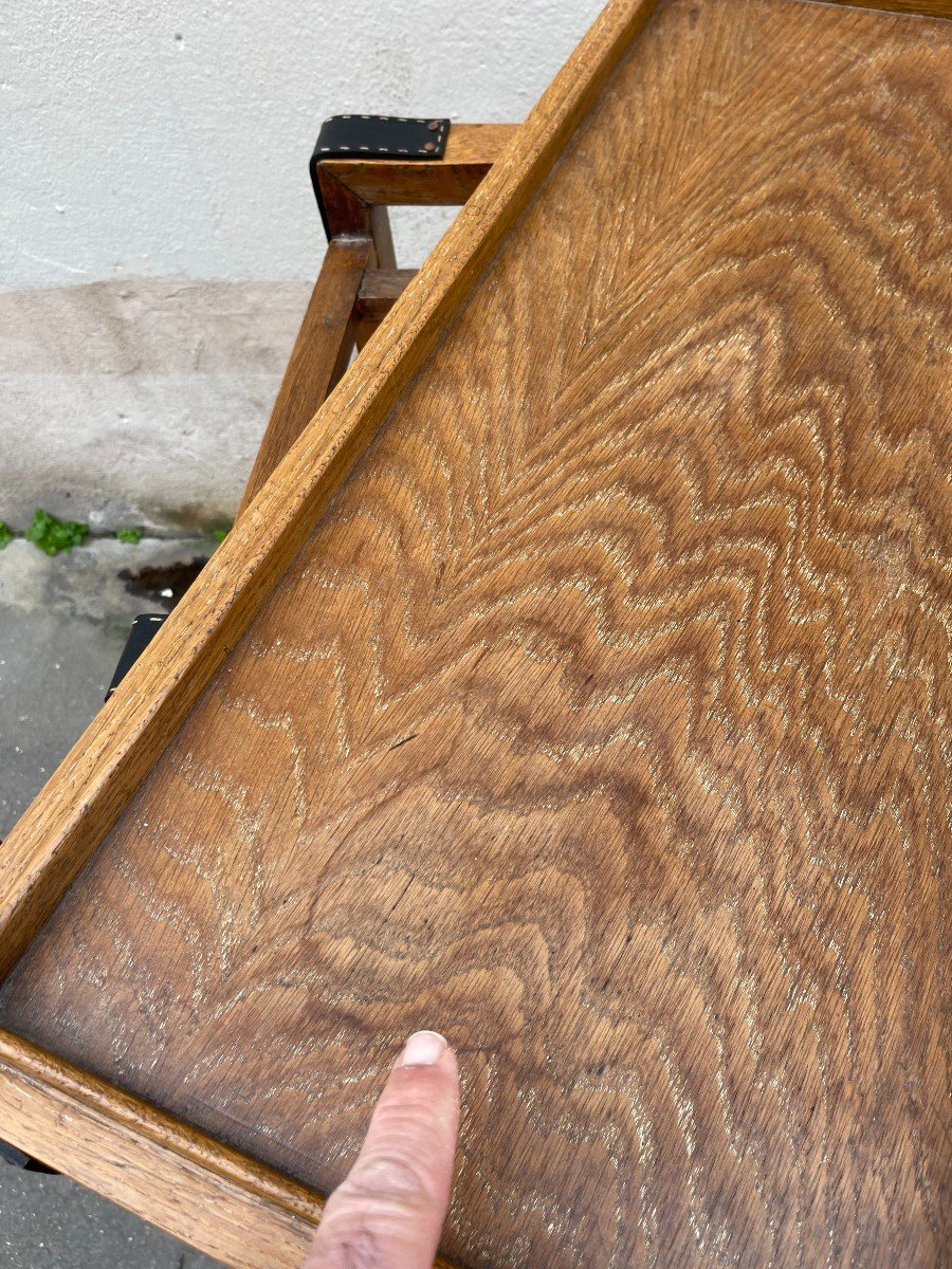 Oak And Leather Rolling Table By Jacques Adnet-photo-2