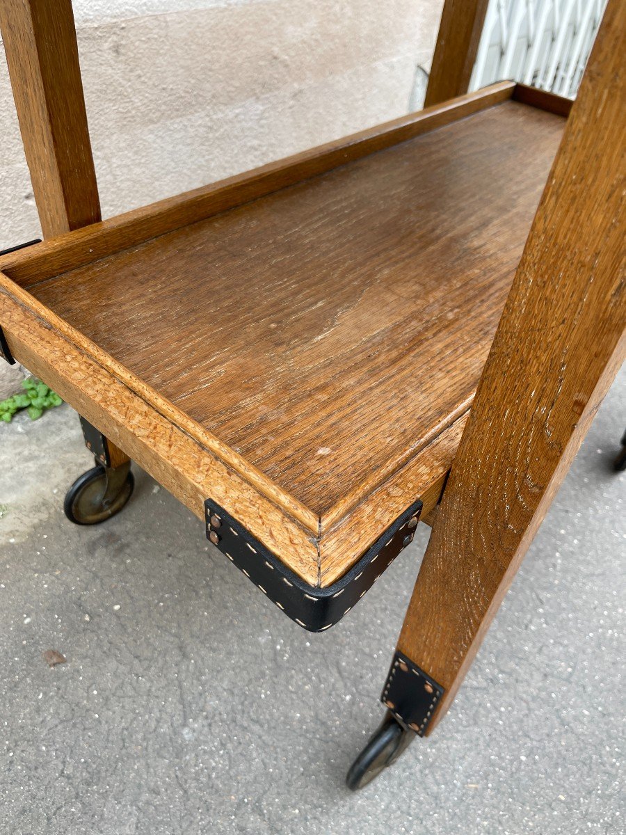 Oak And Leather Rolling Table By Jacques Adnet-photo-6