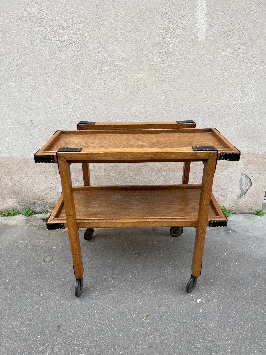 Oak And Leather Rolling Table By Jacques Adnet