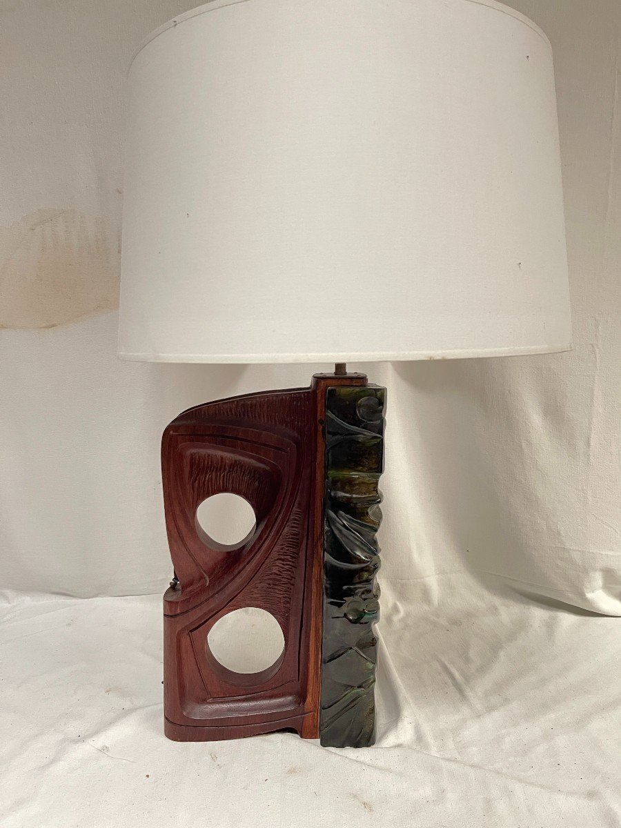 Ceramic And Wood Sculpture Lamp Attributed To Angelo Brotto