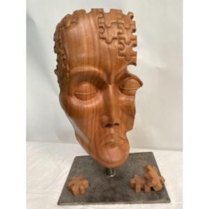 Direct Cut Sculpture In Pear Wood Representing A Part Of A Face