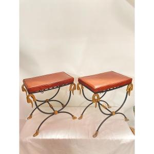 Pair Of Double Patina Metal Stools Attributed To Maison Jansen