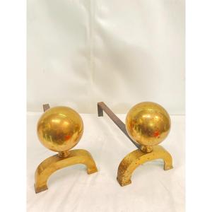 Pair Of Polished Bronze Andirons Attributed To Jacques Adnet