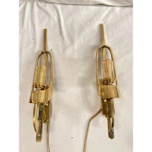 Pair Of Brutalist Style Bronze Wall Lights