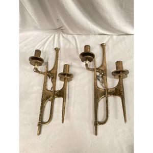 Pair Of Brutalist Style Bronze Wall Lights 