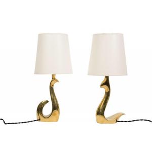Pair Of Polished Bronze Birds Lamps By Riccardo Scarpa