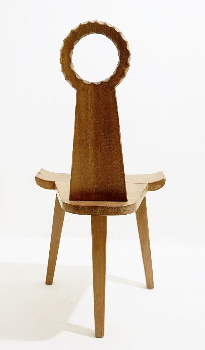 Mid-century Chair In Carved Wood, Tripod Base. Brutalist Work-photo-5