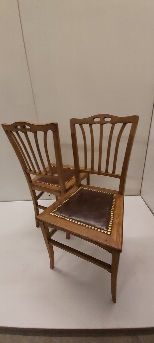 Paire De Chaises Art Nouveau En Chêne Avec Assise En Cuir d'Origine-photo-1