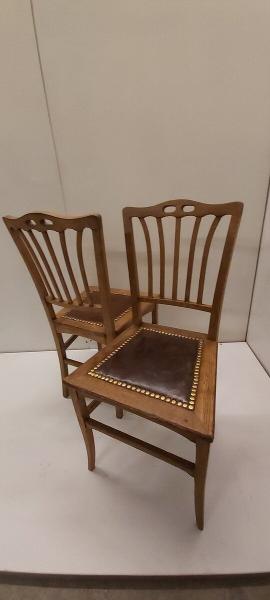 Pair Of Art Nouveau Oak Chairs With Original Leather Seat-photo-1