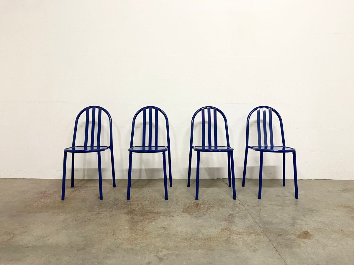 Four Blue Metal Chairs By Robert Mallet-stevens For Villa Cavrois 1980s-photo-4