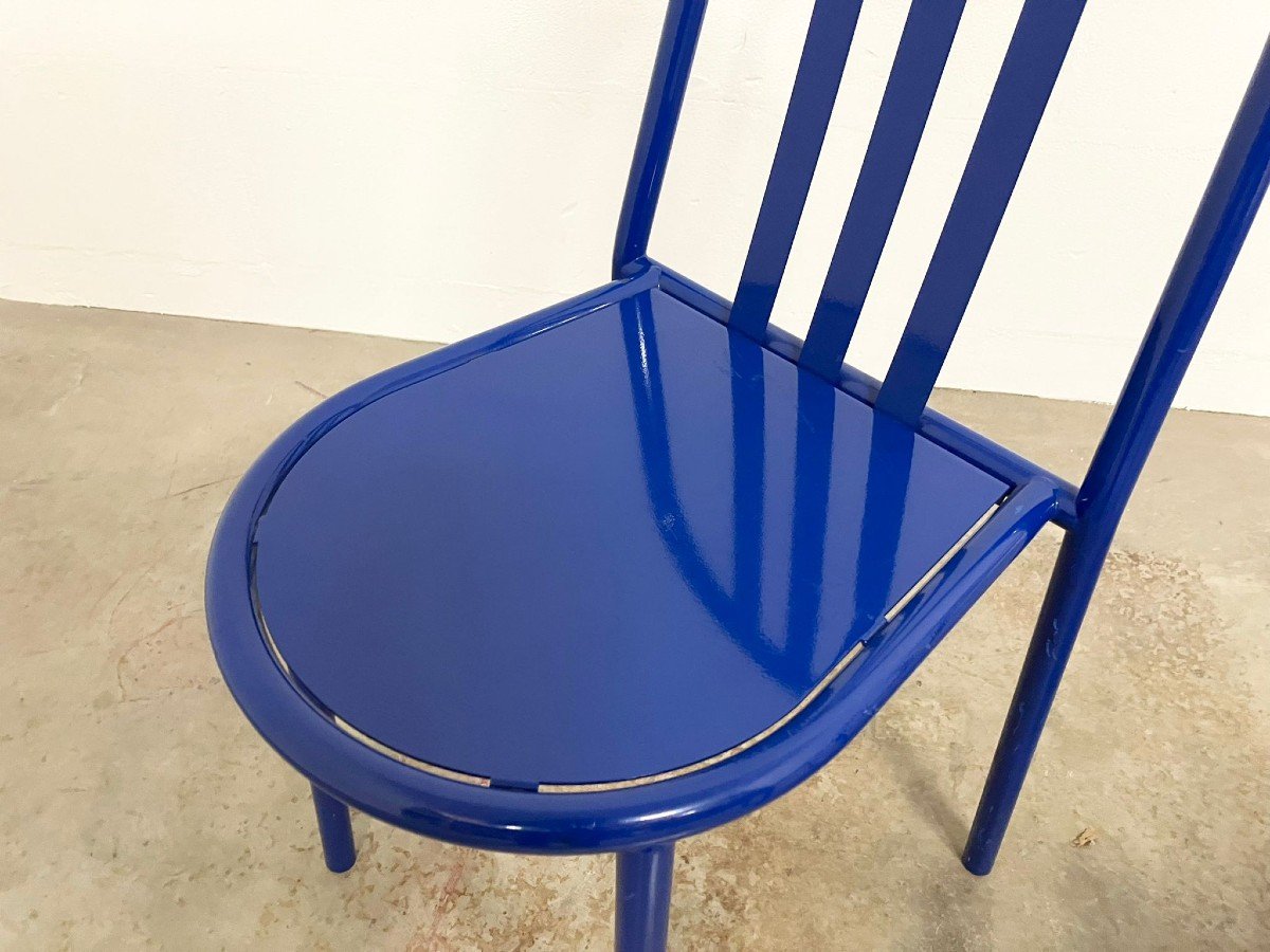 Four Blue Metal Chairs By Robert Mallet-stevens For Villa Cavrois 1980s-photo-1