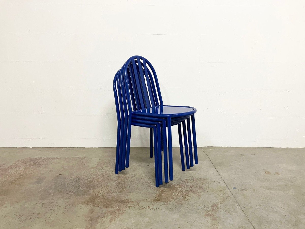 Four Blue Metal Chairs By Robert Mallet-stevens For Villa Cavrois 1980s-photo-3