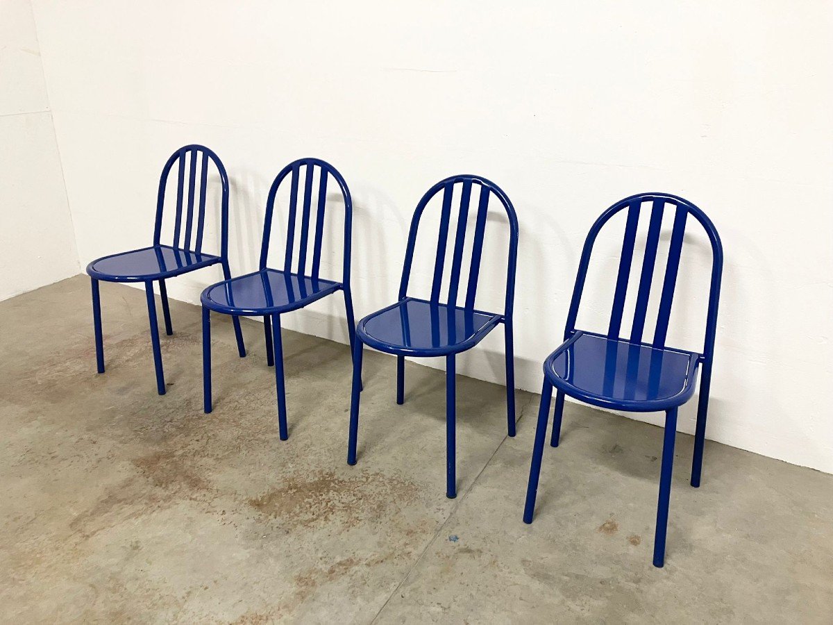 Four Blue Metal Chairs By Robert Mallet-stevens For Villa Cavrois 1980s