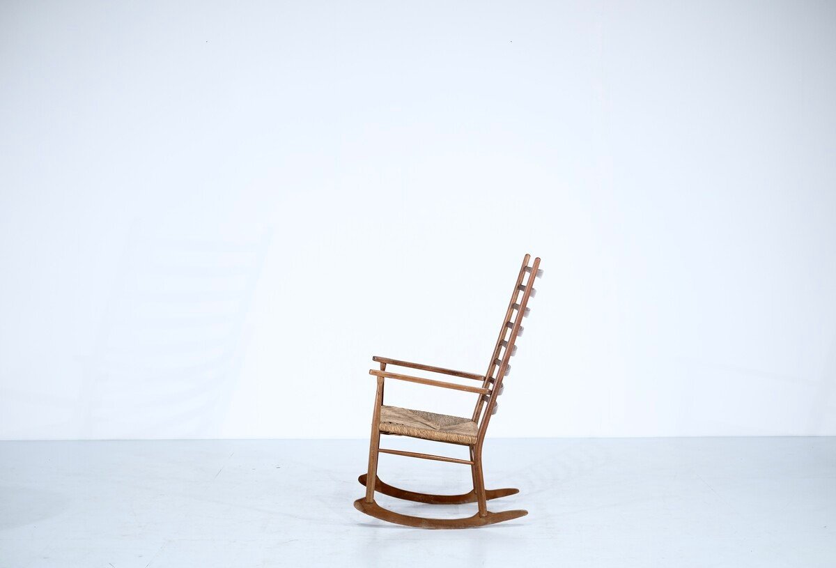 Mid-century Scandinavian Rocking Chair In Wood And Rope-photo-4