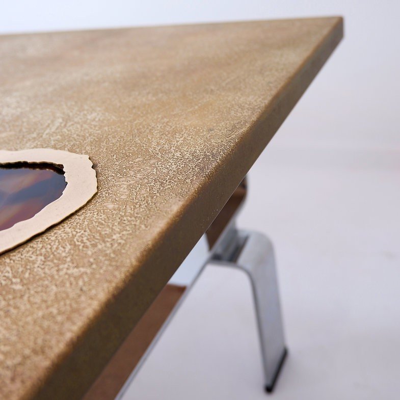 Acid Etched Brass Coffee Table By Christian Krekels With An Agate Stone-photo-2