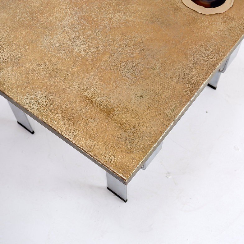 Acid Etched Brass Coffee Table By Christian Krekels With An Agate Stone-photo-4