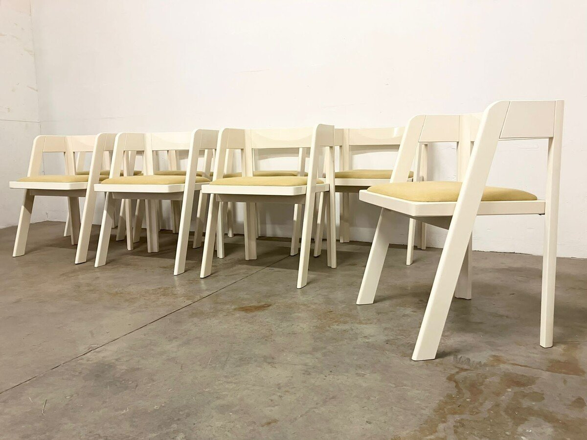 Ensemble De Huit Chaises De Salle à Manger En Bois Laqué Blanc Programme C Par Tito Agnoli-photo-2