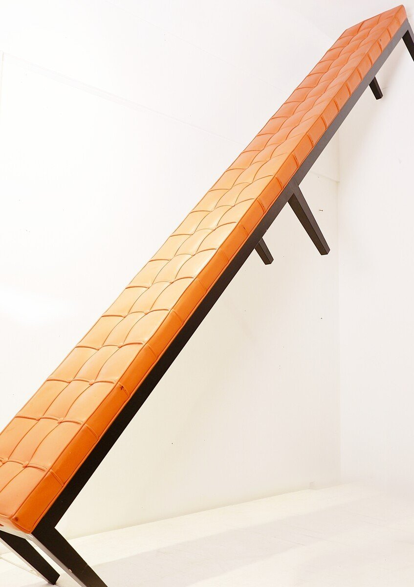 Very Long Bench In Wood And Quilted Cognac Leather-photo-1