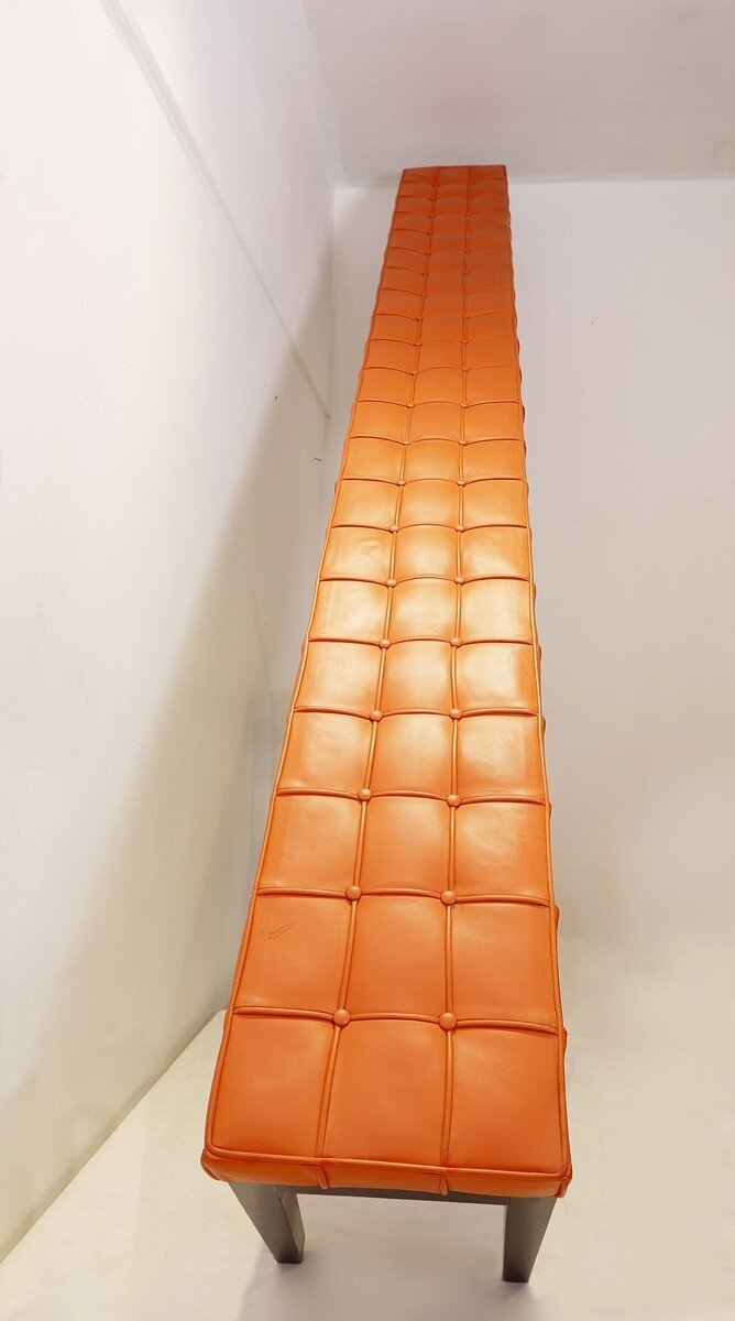 Very Long Bench In Wood And Quilted Cognac Leather-photo-6