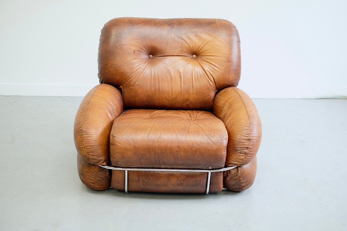 "okay" Armchair In Cognac Leather By Adriano Piazzesi - 1970s