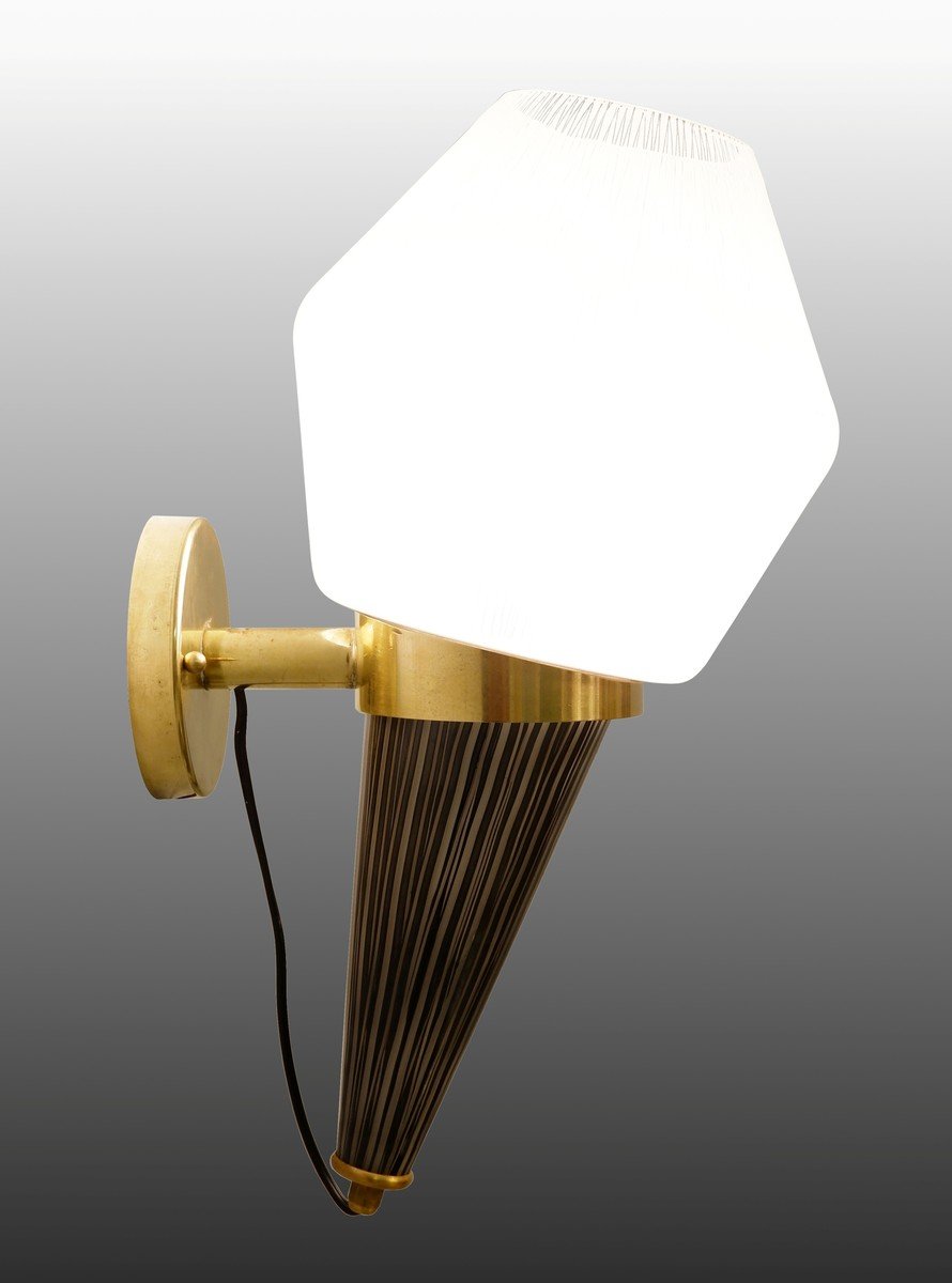 Pair Of Italian Torch Wall Lights In Brass And Glass-photo-1