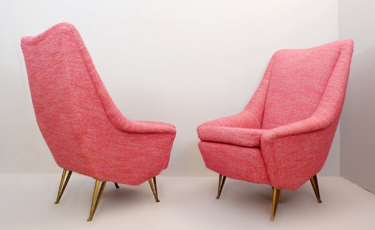 Pair Of Italian High Back Armchairs - New Upholstery