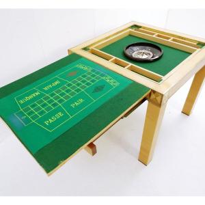 Table de jeu en bois laqué crème et laiton par Jean-Claude Mahey - France 1970