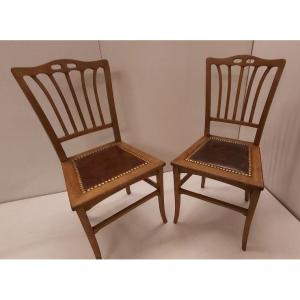Pair Of Art Nouveau Oak Chairs With Original Leather Seat