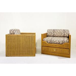 Pair De Fauteuils Mid-century En Bambou Et Rotin Avec Tiroirs, Italie 1960s