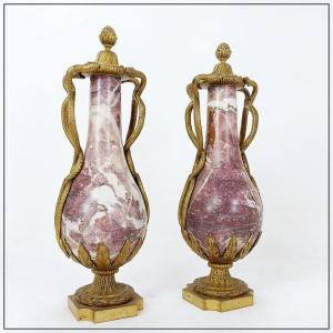 Pair Of Louis XVI Style Cassolettes In Marble And Bronze With Snake Motif