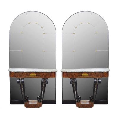 Pair Of 1930s Art Deco Consoles In Burl Wood, Marble And Cast Iron With Mirror