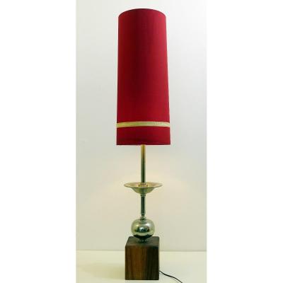 Table Lamp Long Chrome And Wood With Original Shade