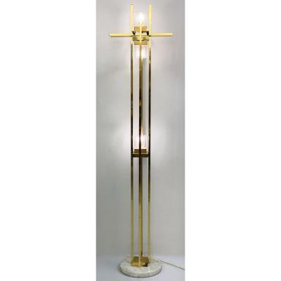 Italian Floor Lamp In Brass, Chrome And Glass