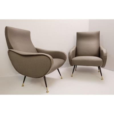  Paire De Fauteuils Italiens Dans Le Style De Marco Zanuso - Revêtement Gris Graphite Neuf