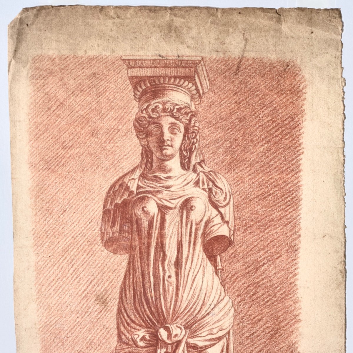 French School, Caryatid By Jean Goujon At The Louvre, Red Chalk On Paper, 18th Century-photo-2