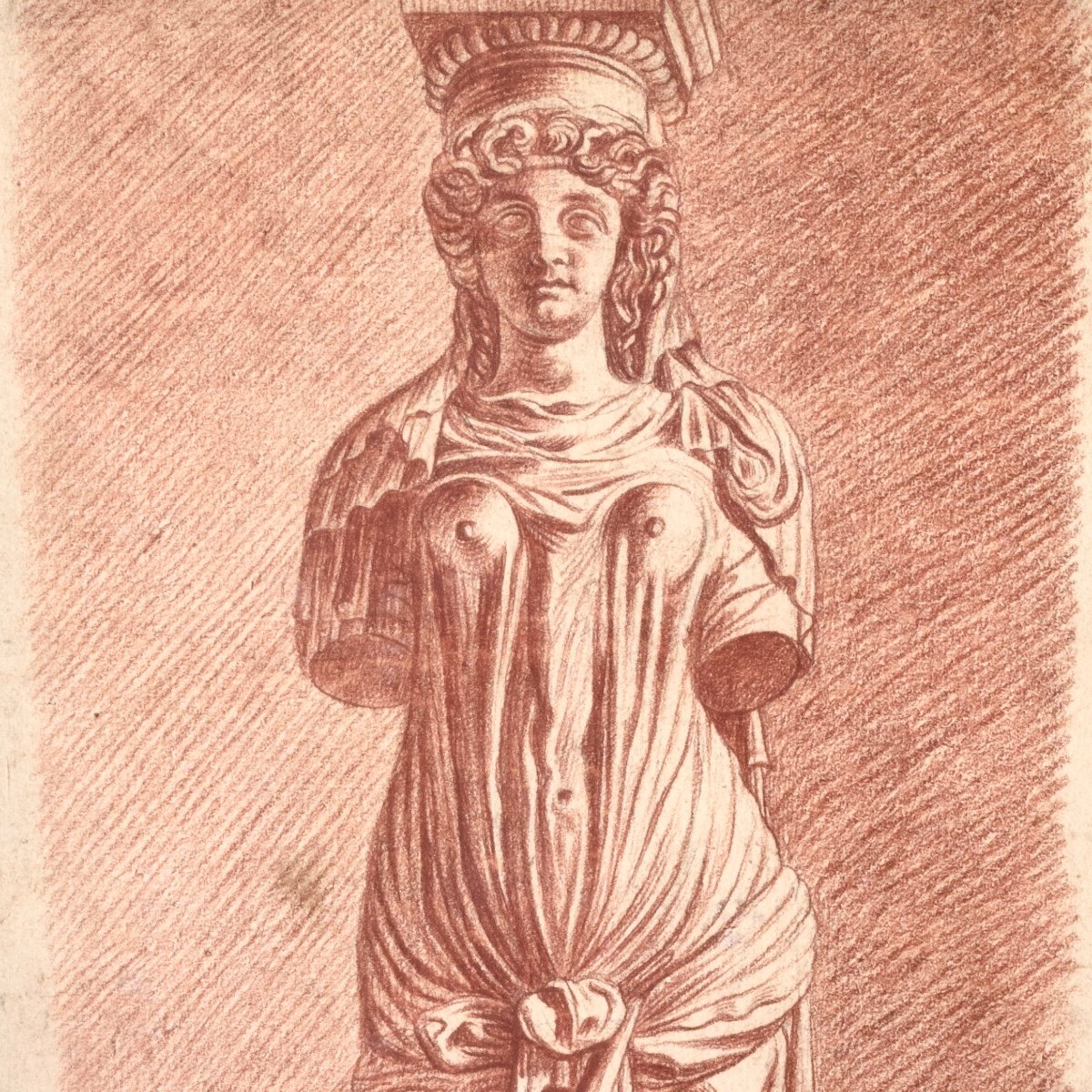 French School, Caryatid By Jean Goujon At The Louvre, Red Chalk On Paper, 18th Century