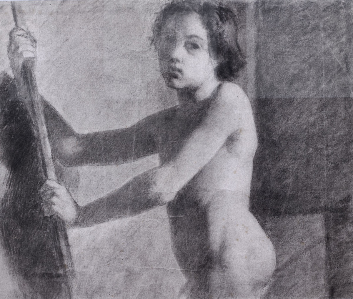 French School, Academic Nude, Young Shepherd With A Crook, Charcoal On Paper, 19th Century-photo-2