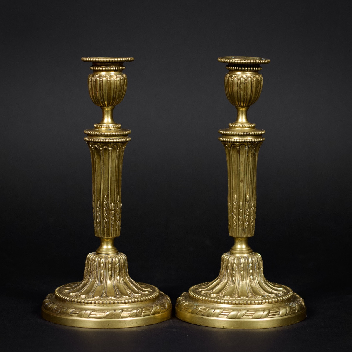 Pair Of Louis XVI Gilt Bronze Candlesticks, Asparagus And Pearl Model