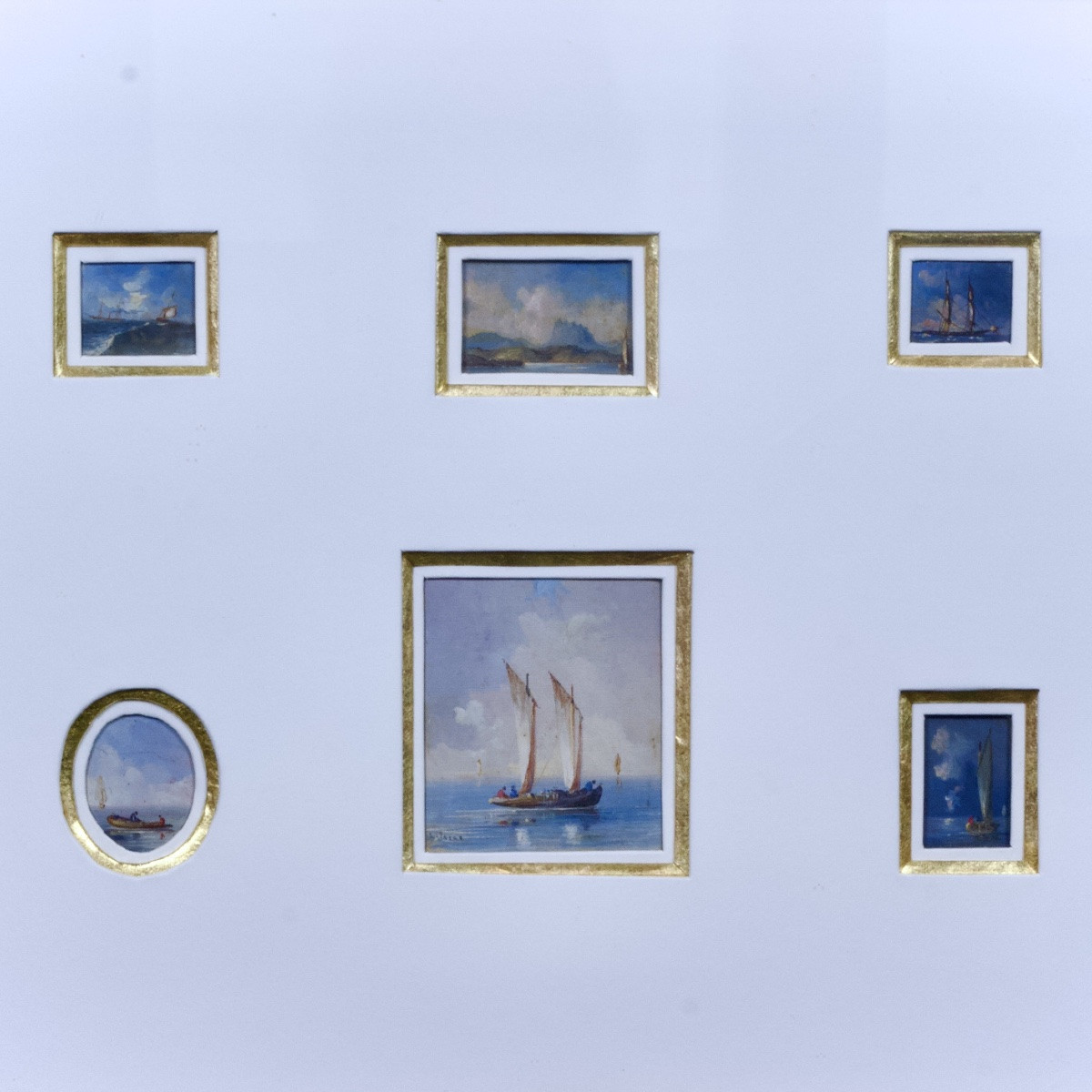 Six Miniature Seascapes In A Single Montage, Gouache On Paper, Early 20th Century-photo-4