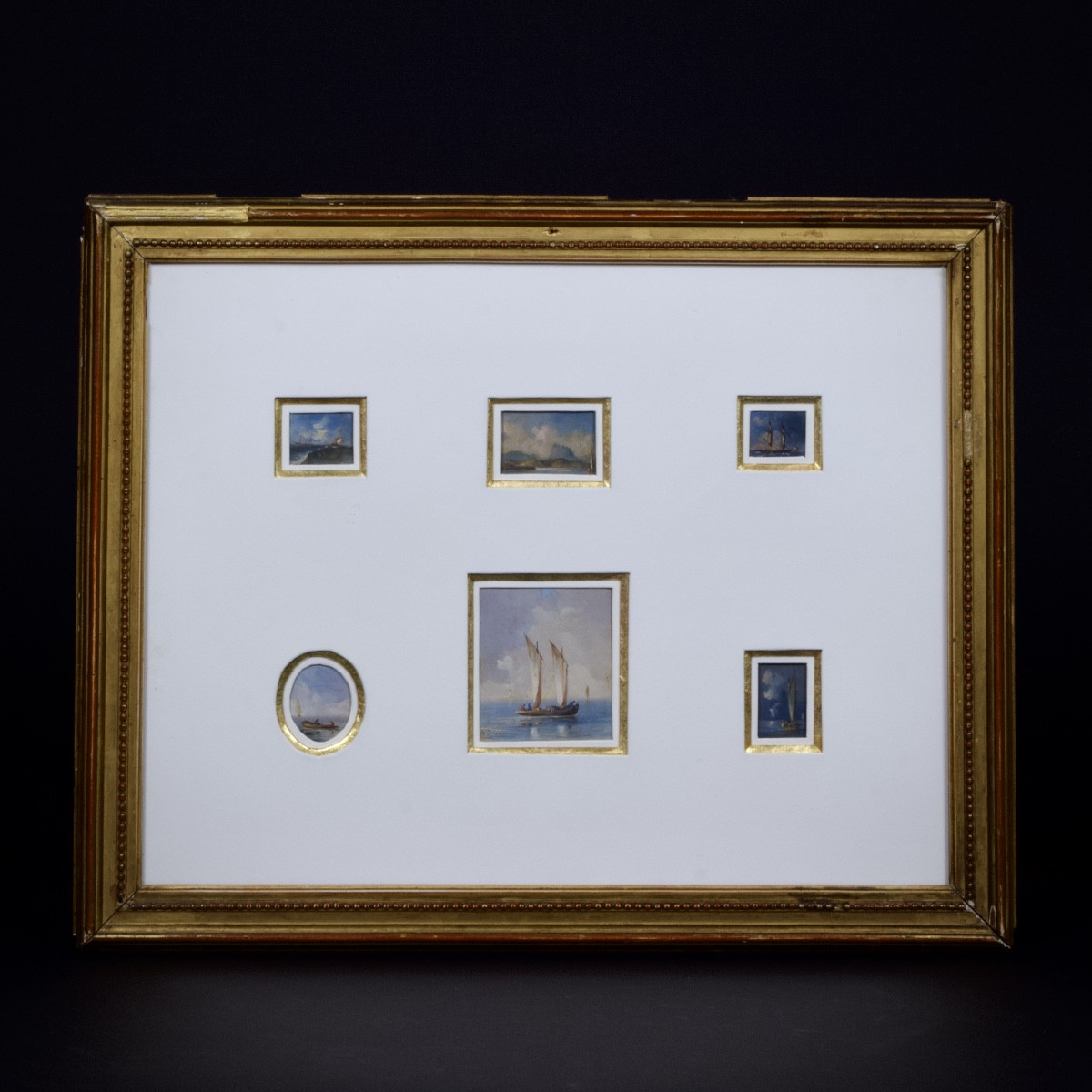 Six Miniature Seascapes In A Single Montage, Gouache On Paper, Early 20th Century