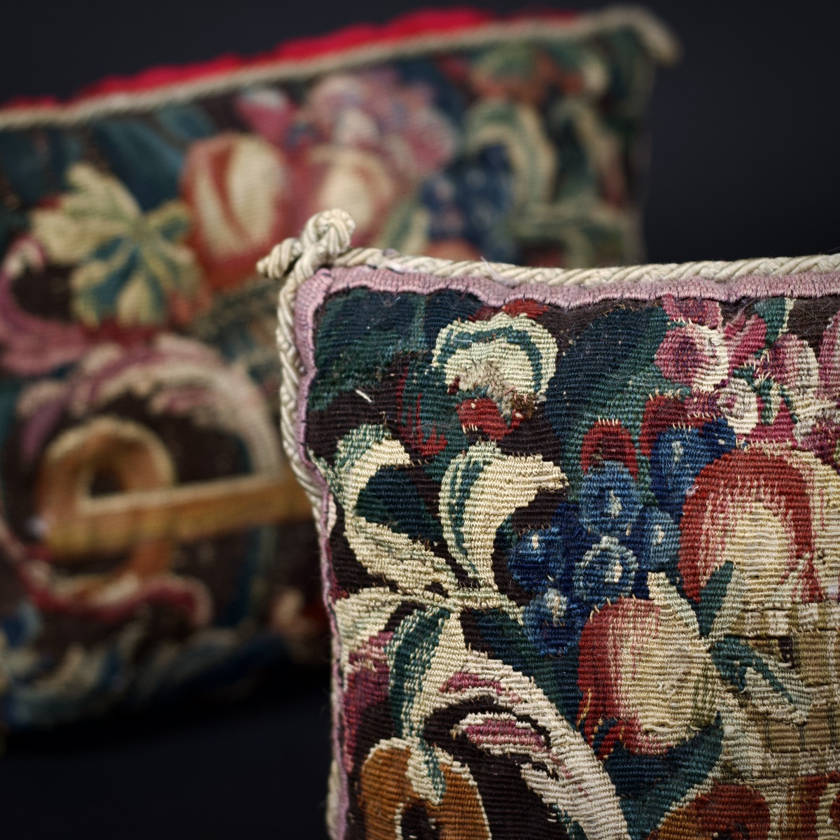 Pair Of Small Cushions Decorated With Fruit Baskets, Aubusson Tapestry, 17th-18th Century.-photo-3
