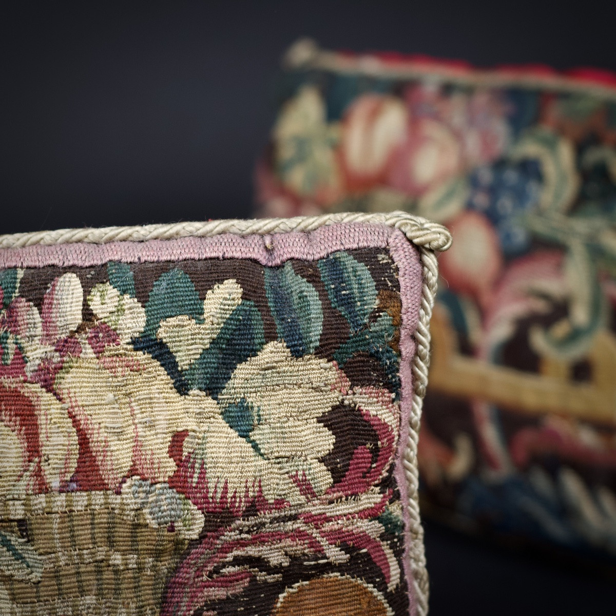 Pair Of Small Cushions Decorated With Fruit Baskets, Aubusson Tapestry, 17th-18th Century.-photo-3