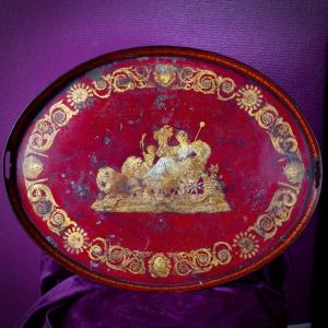 Large Painted Sheet Metal Serving Tray With Allegorical Decor, Early 19th Century