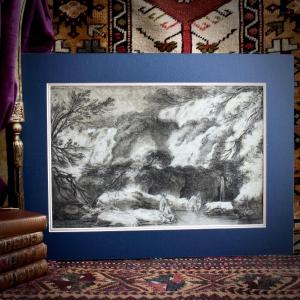 Large Drawing, The Tivoli Waterfalls, Charcoal And White Chalk Highlights, Grand Tour