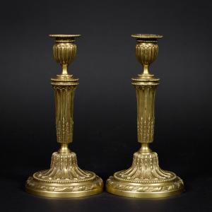 Pair Of Louis XVI Gilt Bronze Candlesticks, Asparagus And Pearl Model