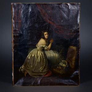 Ecole Française, Jeune Fille En Prière, c. 1830, 800x630 mm, Huile Sur Toile à Restaurer