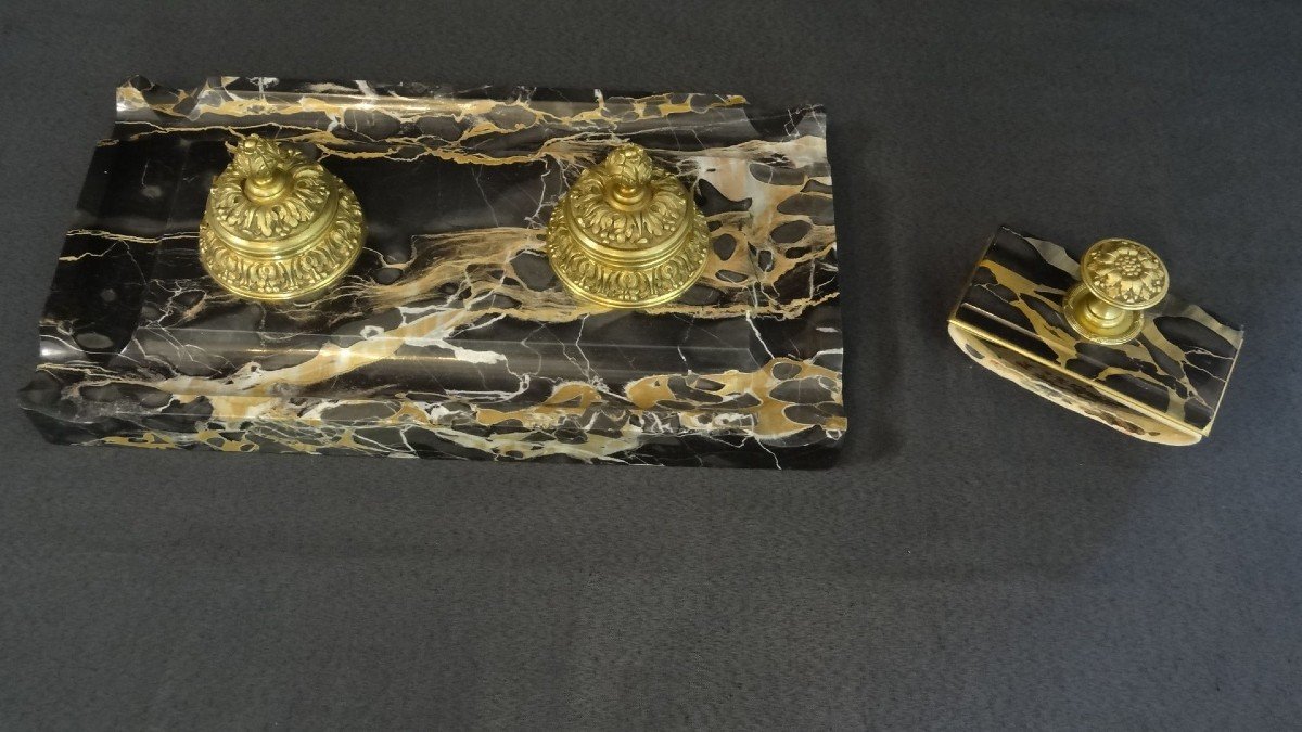 Portor Marble Ink Tray And Its Blotter Pad, Napoleon III, 42 X 23 Cm-photo-4