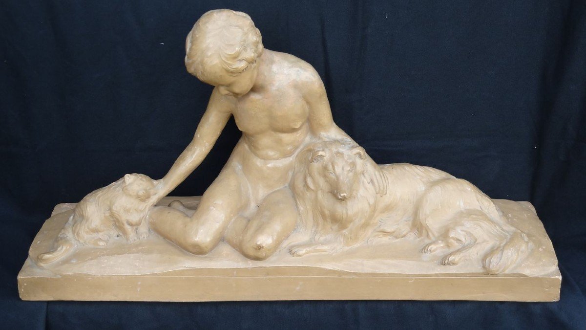 SCULPTURE SUR TERRE CUITE, L'ENFANT, LE CHIEN ET LE CHAT, 55 CM, ART DECO-photo-4