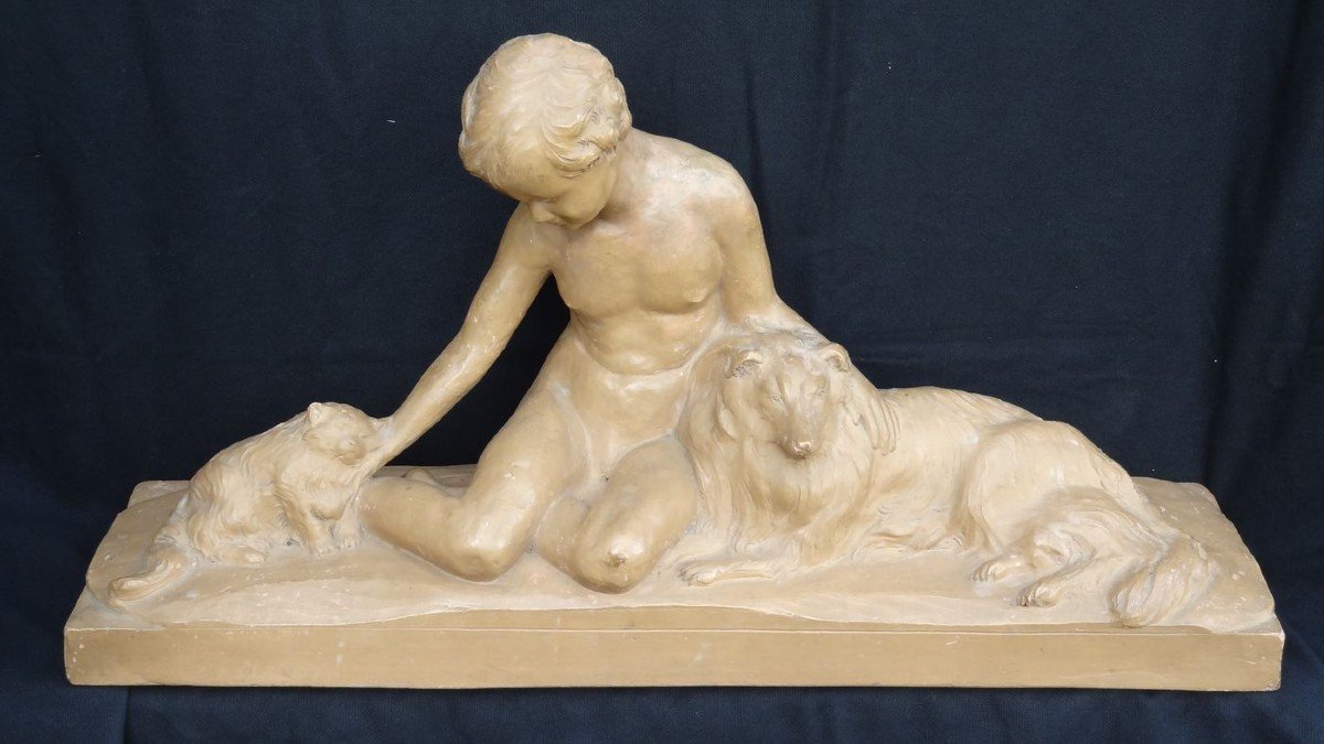 SCULPTURE SUR TERRE CUITE, L'ENFANT, LE CHIEN ET LE CHAT, 55 CM, ART DECO-photo-6